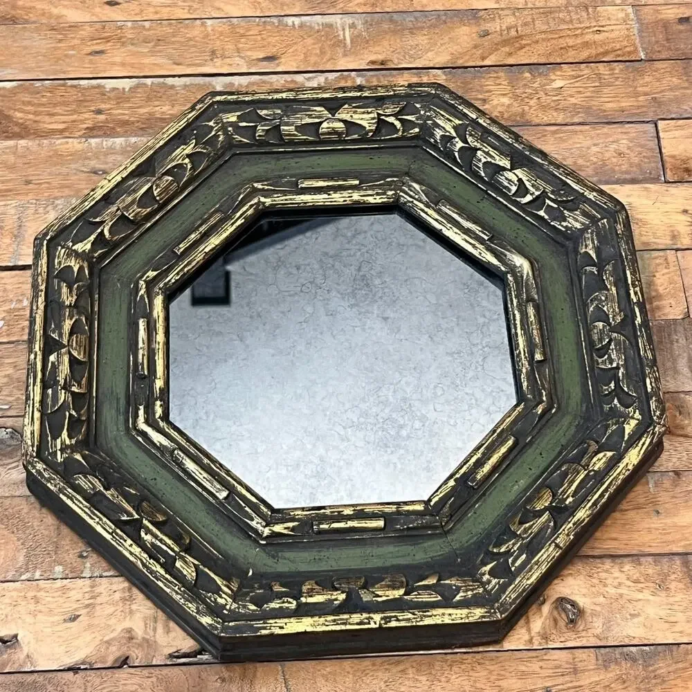 Vintage Octagon Green Wooden Framed Mirror Antiqued Distressed Finish